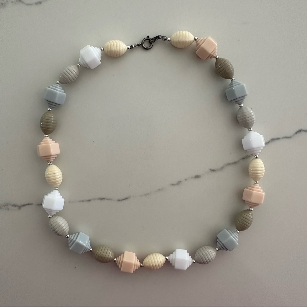 Vintage Geometric Beaded Plastic Necklace in Pastel Shades 21.25" long